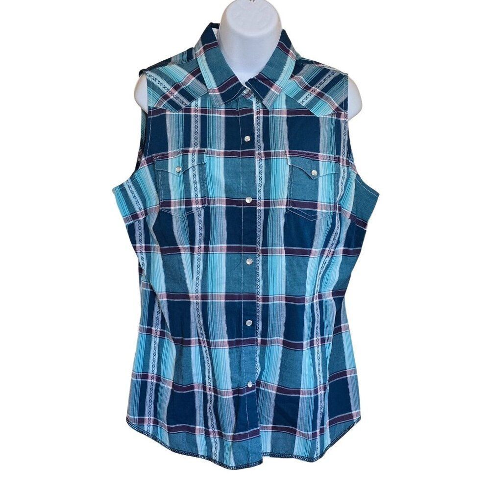 Roper Western Plaid Sleeveless Shirt Blue Button Down western farm horsecore